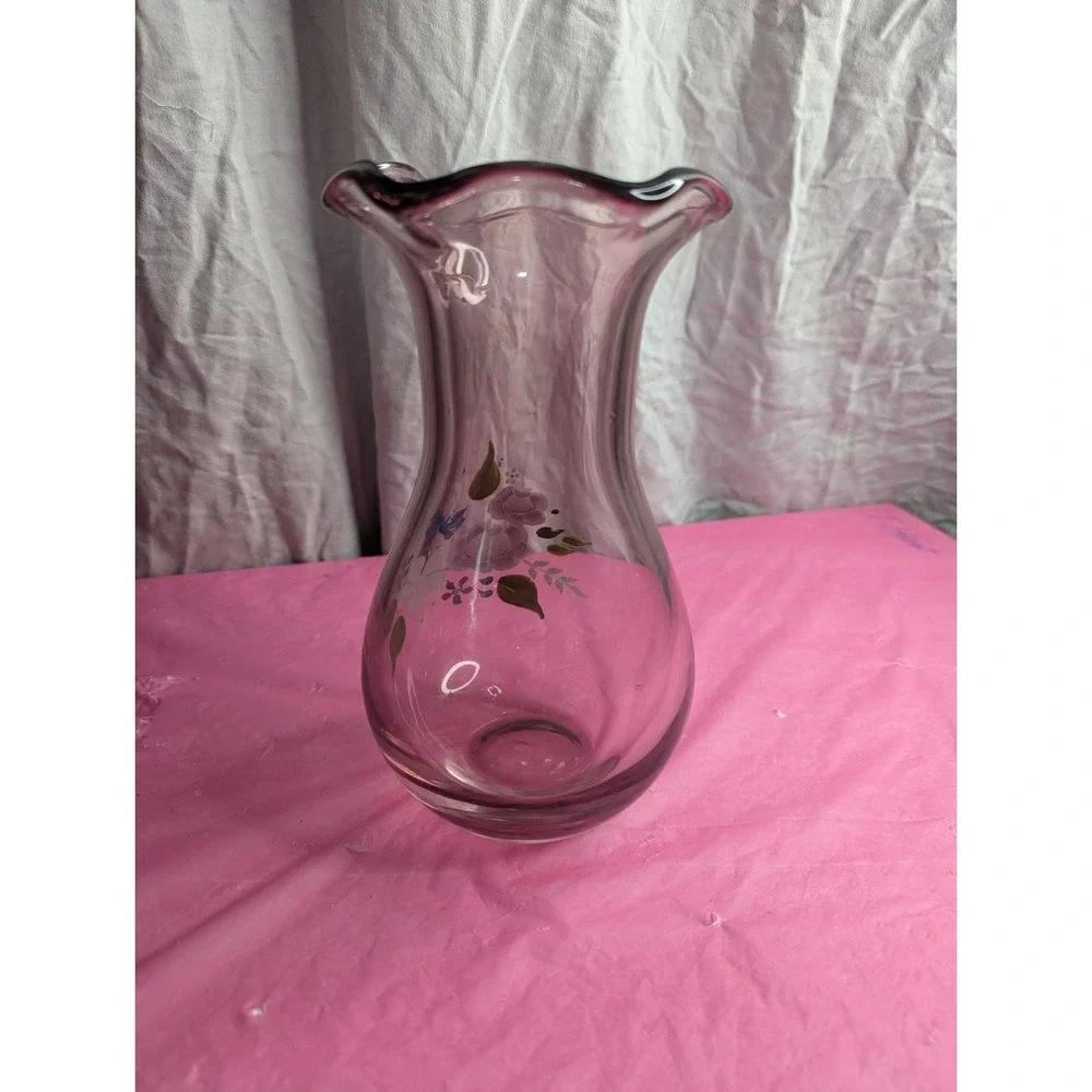 Fenton ? purple scalloped rim‎ vase with hand painted flowers 8.25